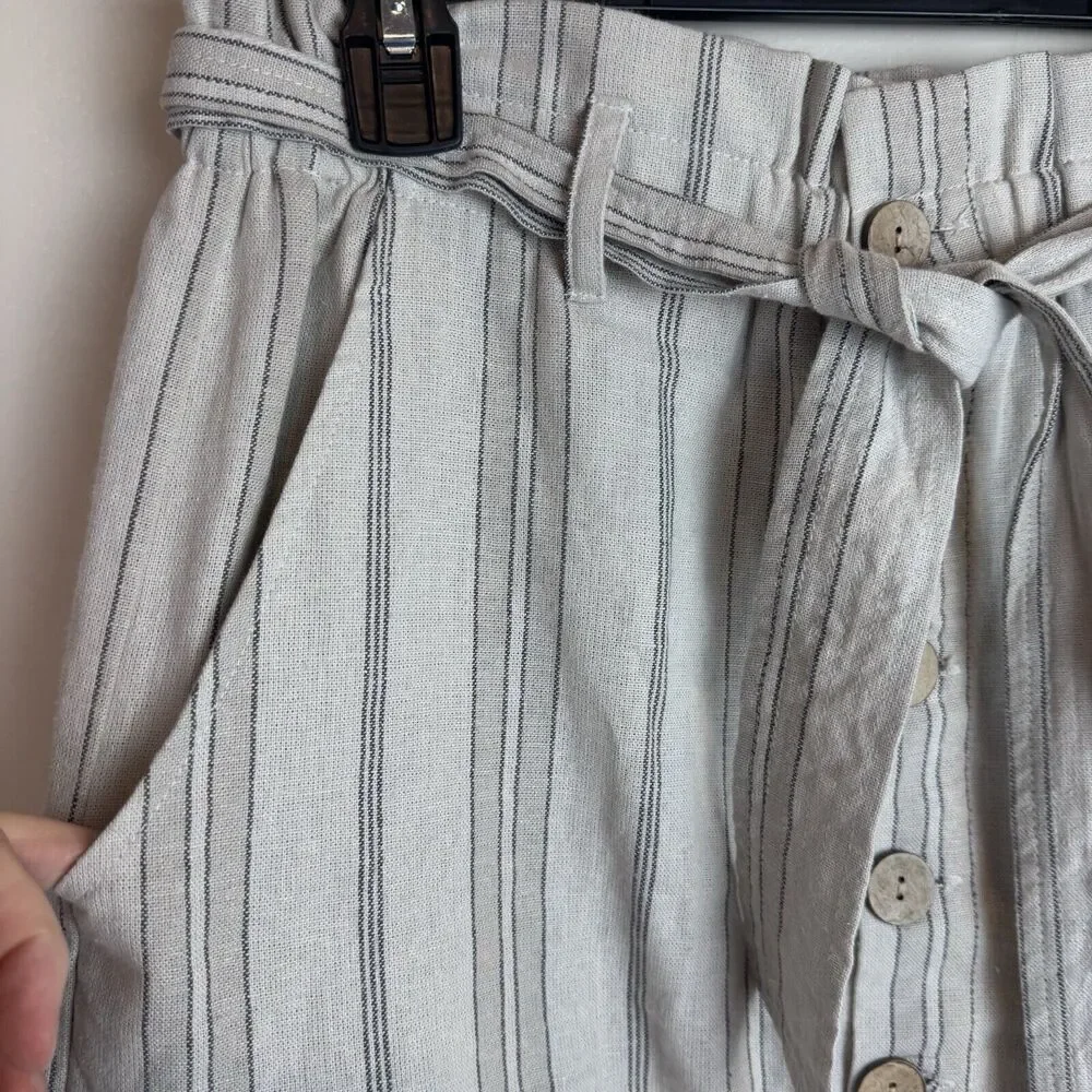 Daytrip Mini Skirt Cream Stripe Linen Blend Button Front Tie Waist Pockets Sz M